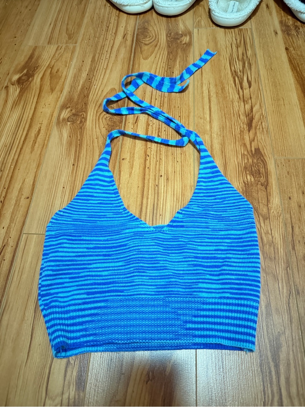 SHEIN Blue Striped Halter Knit Crop Top